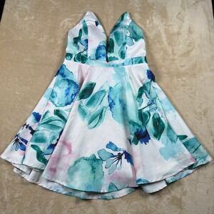 L'atiste‎ Floral Fit and Flare Dress White Blue Green Cocktail Party